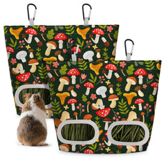Glittme 2-pack guinea pig hay feeder in green mushroom color hanging on cage to reduce hay waste.