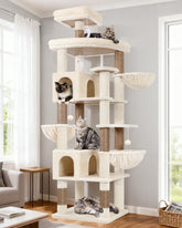 Globlazer 82in cat tree front view in beige, ideal for vertical space and lounging.