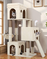 Globlazer cat tower 52in with three condos provides quiet lounging for multiple cats.