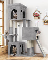 Globlazer cat tower shows three cozy condos for multiple cats