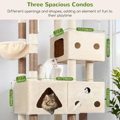 Globlazer hanging basket rest on a tall beige cat tower for sunlit lounging