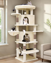Globlazer Corner Cat Tree side view in beige showcases space-saving corner placement for large cats.
