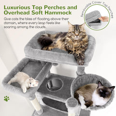 Globlazer XXL cat tree shows eight sisal posts for scratching and furniture protection.