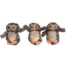 Glow Pups owl dog toy in tree with squeaker for interactive play.