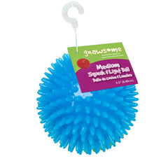 Gnawsome 3.5-inch Spiky Squeak Ball front view for medium dogs, textured for dental-friendly play.