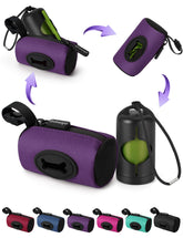Gobeigo easy pull-out dog poop bag holder purple clipped to a leash for quick access.