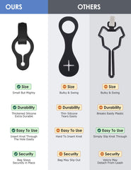 Gobeigo hands-free poop bag clip shown on a leash for easy waste management
