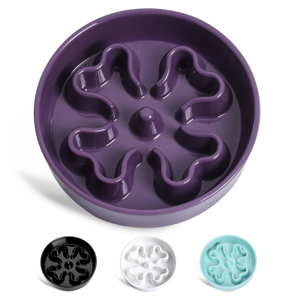 Gocess slow feeder bowl purple front view demonstrates durable ceramic construction for long-lasting use.