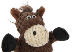 goDog Checkers Just for Me Skinny Horse Mini brown squeaker close-up encourages interactive play.