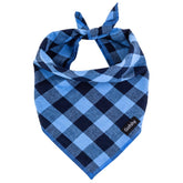 Gofshy XL blue-black plaid bandana worn for stylish outdoor adventures.