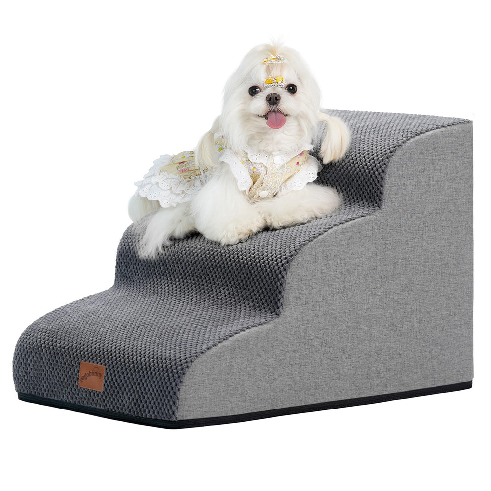 Gogobunny ramp-cat-dog-stairs-grey front view for easier bed climbs.