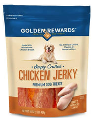 Golden Rewards chicken jerky 16oz bag for daily rewards during training.