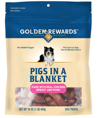 Golden Rewards pigs-in-a-blanket packshot shows 16 oz resealable bag for easy rewards.