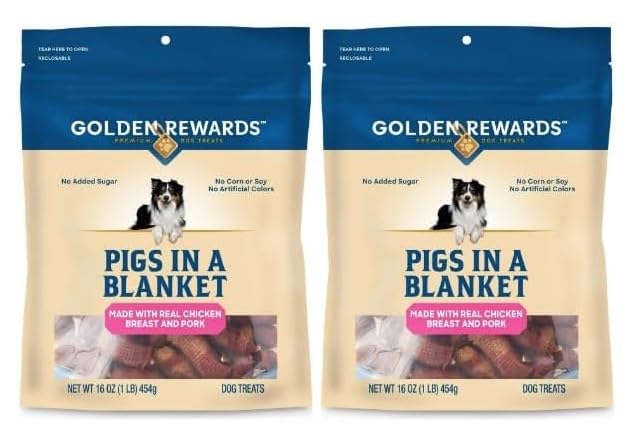 Golden Rewards pigs in a blanket packaging – USA-made air-dried snack for dogs
