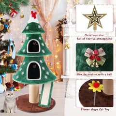Goldshire cat tree features interactive toys to engage hunting instincts.