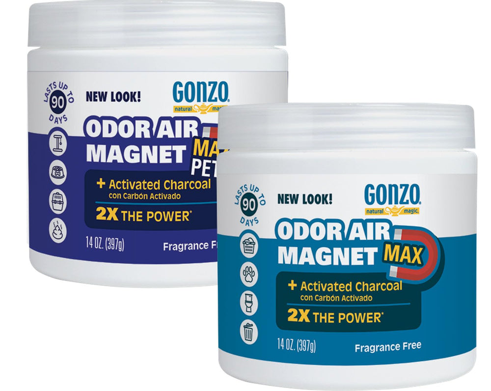 Gonzo Natural Magic Odor Air-Magnet 14oz 2-pack box demonstrates odor elimination at source.