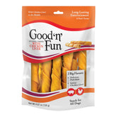 Good 'n' Fun Rawhide Twists chicken liver center image for long-lasting chew.