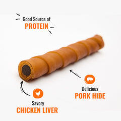 Good 'n' Fun Rawhide Twists with chicken liver; 5-inch twists shown for durable, satisfying treats.