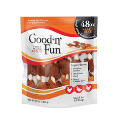 Good 'n' Fun Triple Flavor Kabobs pack front shows a long-lasting dog chew bundle.