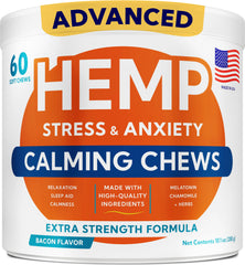 GOODGROWLIES advanced calming chews bottle shown for easy canine relaxation.