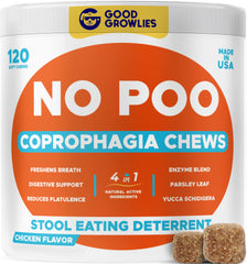 GOODGROWLIES Chew No Poo jar front, a USA-made stool-eating deterrent for dogs.