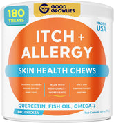 GOODGROWLIES dog allergy relief chews bottle closeup showing easy-to-serve treat for itch relief