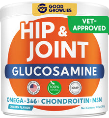 GOODGROWLIES glucosamine dog chews packaging showcases a senior-friendly joint supplement
