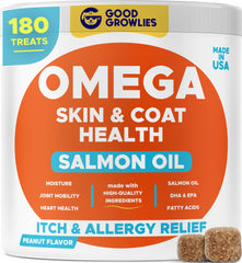 GOODGROWLIES Omega-3 dog bottle supports healthy skin and shiny coat.