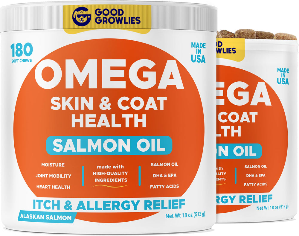 GOODGROWLIES Omega 3 Alaskan Fish Oil Treats packaging shows a 360-count jar for steady care.