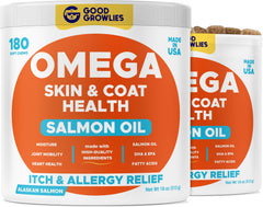 GOODGROWLIES Omega 3 Alaskan Fish Oil Treats packaging shows a 360-count jar for steady care.