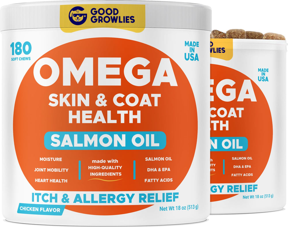 GOODGROWLIES Omega-3 dog bottle showing salmon oil for shiny coat and heart support.