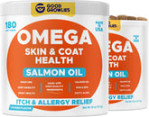 GOODGROWLIES Omega-3 dog bottle showing salmon oil for shiny coat and heart support.
