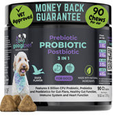 Googipet Probiotics bottle label shows potency for canine gut support and easy dosing.