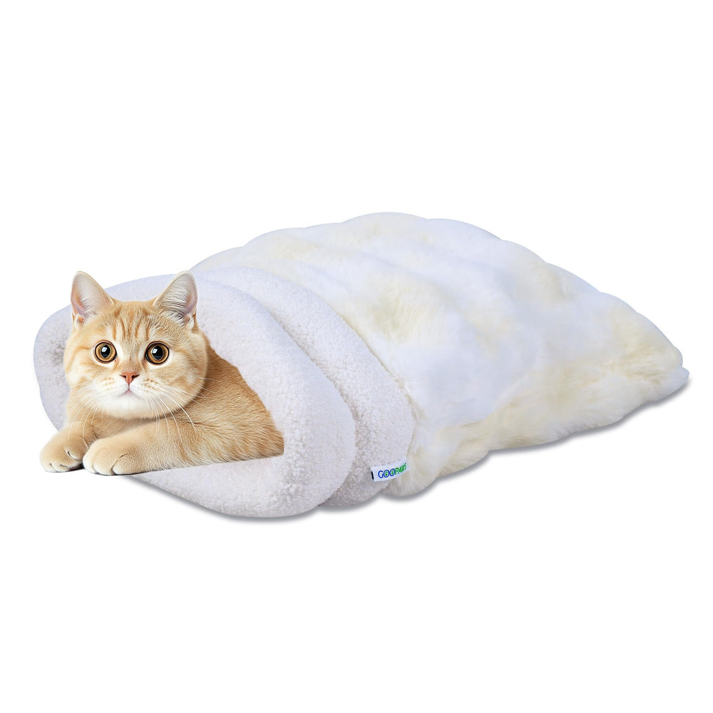 GOOPAWS 4-in-1 self-warming burrow cat bed Style2 Cream front view for cozy lounging.
