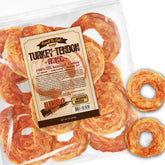 Gootoe turkey tendon image highlights USA-sourced ingredients for safer dog treats.