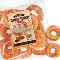Gootoe turkey tendon image highlights USA-sourced ingredients for safer dog treats.