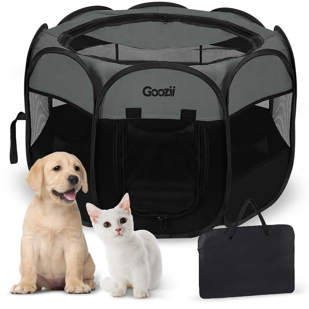 Goozii portable puppy playpen folded in its bag for quick storage and portability.