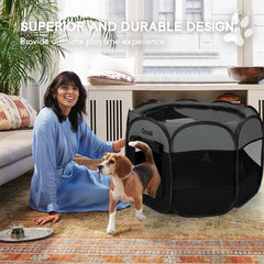 Goozii portable puppy playpen with zip gate shows convenient in/out access.