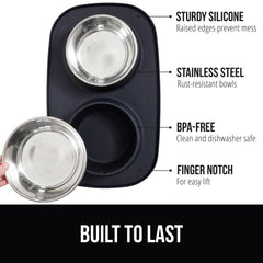 GORILLA GRIP feeding mat set bowls assembled showcase durable stainless steel bowls for mess-free meals.