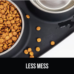 GORILLA GRIP feeding mat set stainless bowls closeup emphasizes rust-resistant design and easy cleaning.