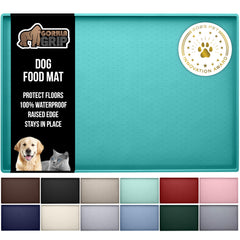 Gorilla Grip pet feeding mat turquoise, 16x10, protects floors during mealtime.