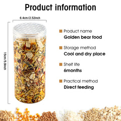 Gourmet Hamster & Gerbil Food packaging label communicates no artificial colors or preservatives.