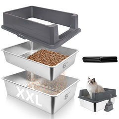 GoyJoy XXL stainless steel sifting litter box top view shows spacious pine litter area.