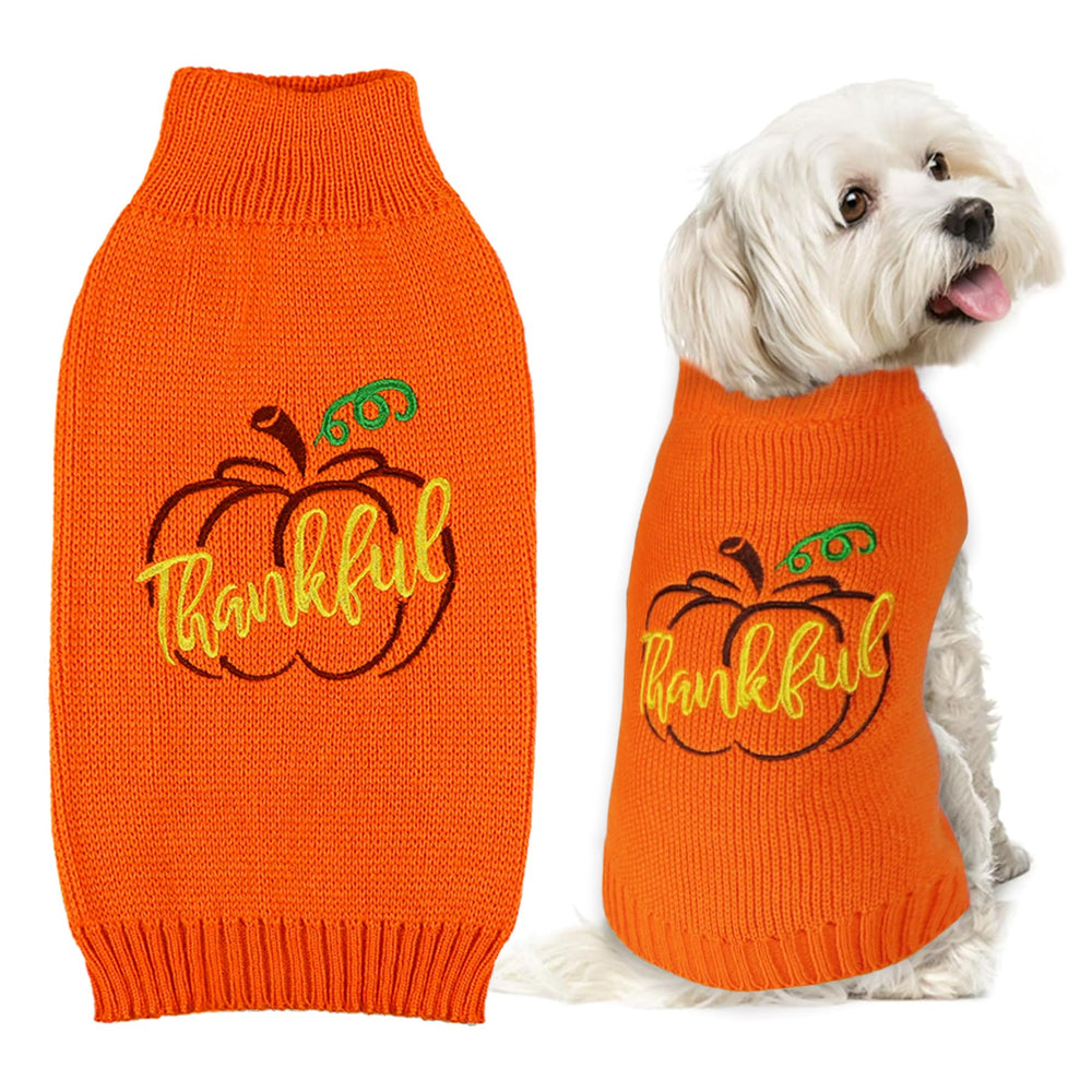 GOYOSWA dog Thanksgiving sweater orange pumpkin pattern; cozy warmth for festive photos