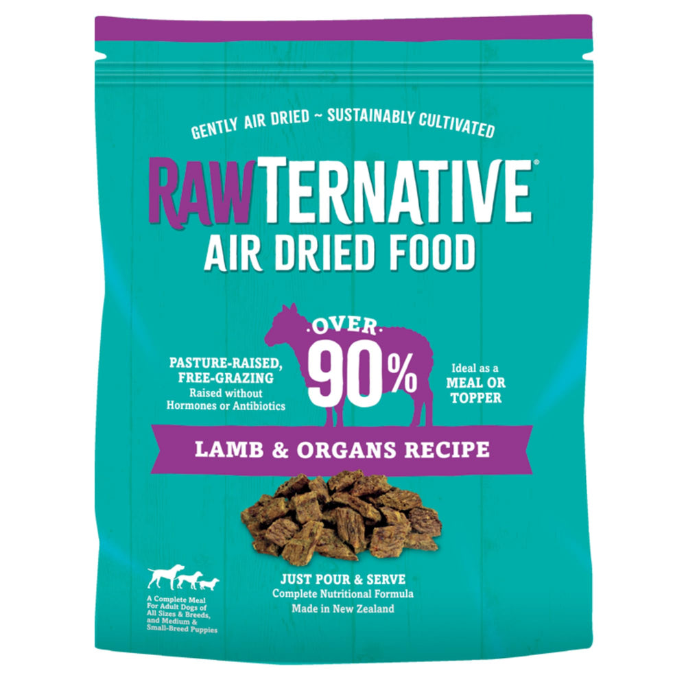 Grandma Mae's RawTernative lamb chunks closeup show high-protein bites for active dogs.