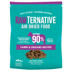 Grandma Mae's RawTernative lamb chunks closeup show high-protein bites for active dogs.