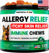 Grateful Pawz dog allergy chews bottle showing daily allergy support.