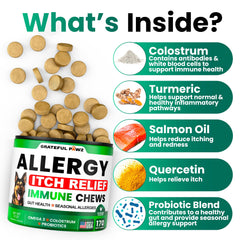 Grateful Pawz dog allergy chews omega-3 image highlighting skin and immunity support.