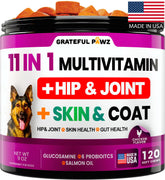 Grateful Pawz dog multivitamin bottle showcasing 11-in-1 formula for joints and immunity.