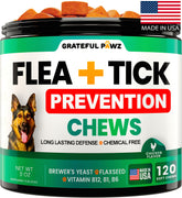 Grateful Pawz flea-tick chews bottle shows daily pest defense for dogs.
